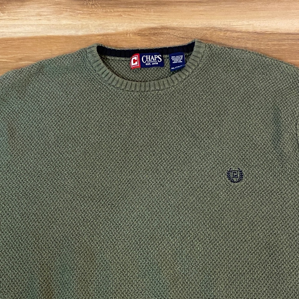 Chaps Olive Green Cotton Waffle Knit Crew Neck Sweater Mens XL Vintage - Picture 2 of 9